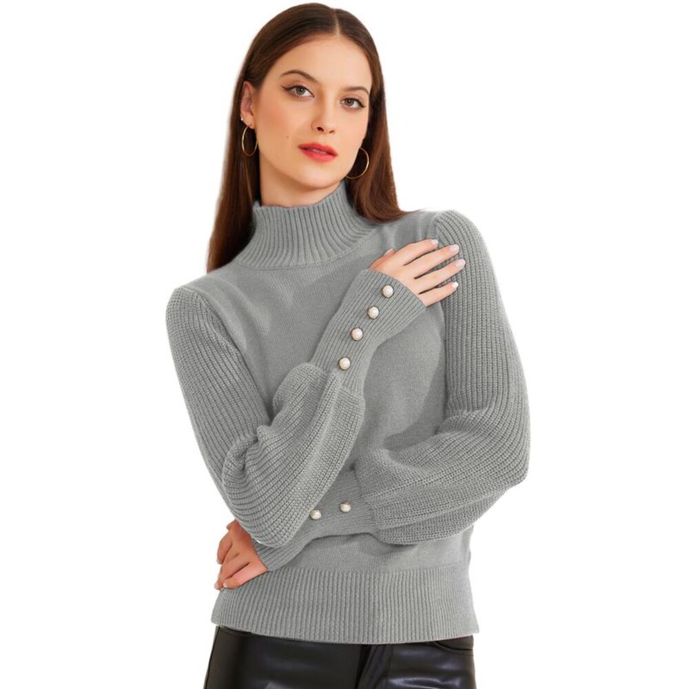 Ribbed Long Sleeve Turtleneck Stretch Pullover Knit Sweater Top Gray